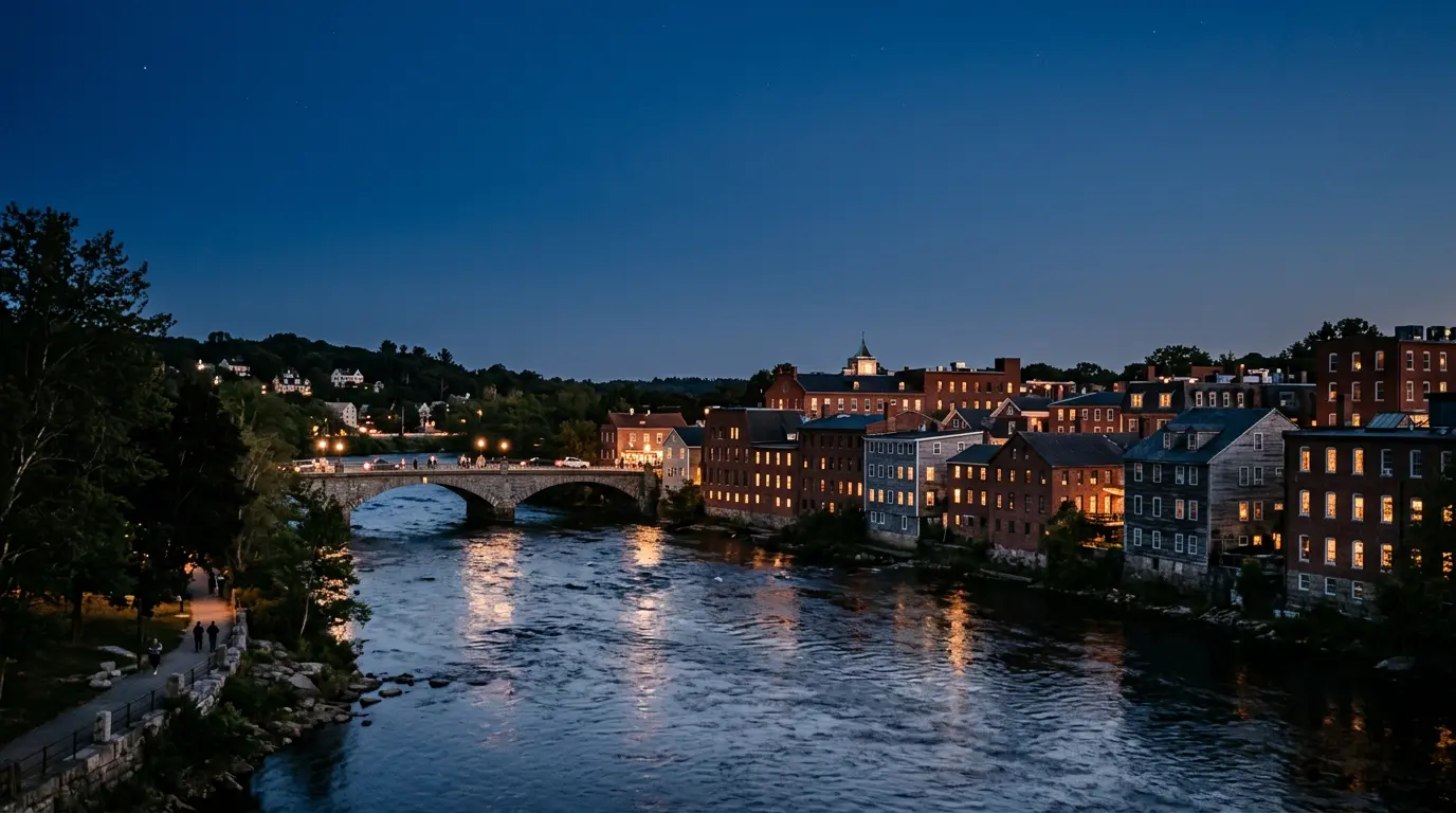 Taunton, Massachusetts riverfront at dusk