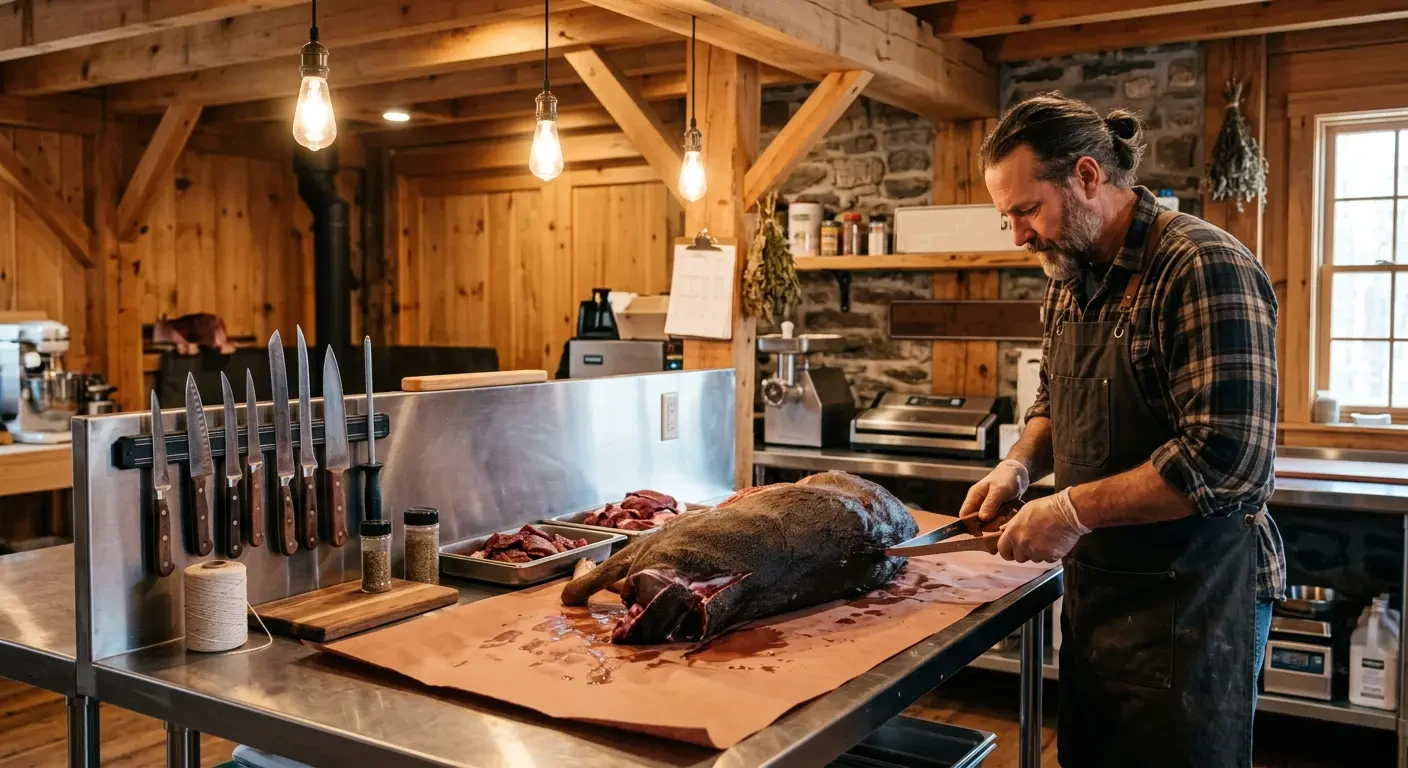 Butcher processing a deer on a stainless steel table